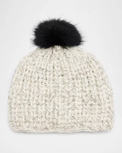 Surell Accessories Chunky Crochet Knit Beanie With Faux Fur Pom In White