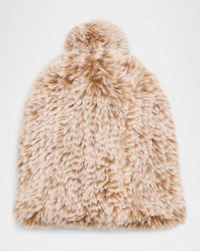 Surell Accessories Faux Rex Rabbit Fur Beanie With Pom In Neutral