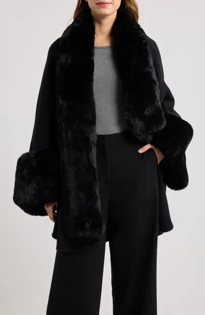 Surell Faux Fur Trim Knit Ruana In Black