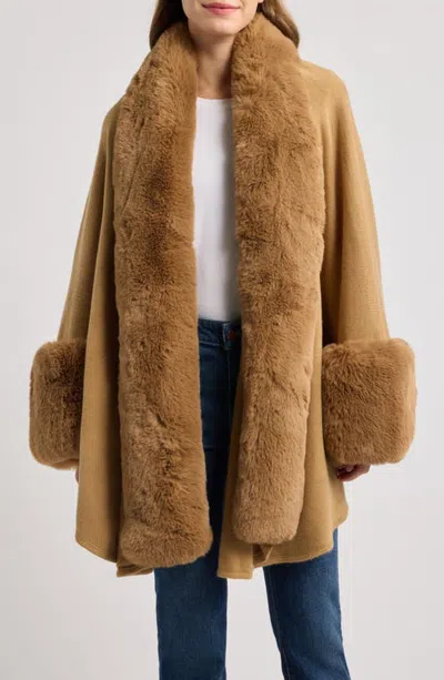 Surell Faux Fur Trim Knit Ruana In Brown