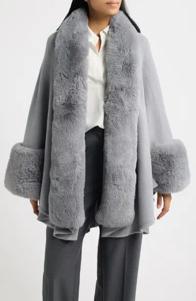 Surell Faux Fur Trim Knit Ruana In Gray
