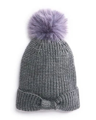 Surell Girls' Knit Bow Beanie Hat With Faux Fur Pom - Big Kid In Gray