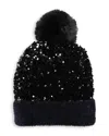 Surell Girls' Knit Sequin Beanie Hat With Faux Fur Pom - Big Kid In Black