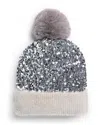 Surell Girls' Knit Sequin Beanie Hat With Faux Fur Pom - Big Kid In Silver