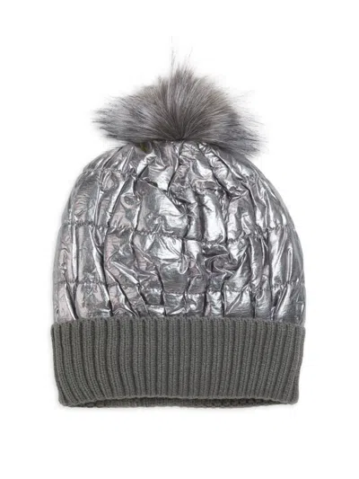 Surell Women's Metallic Puffer Faux-fur Pom Beanie In Silver