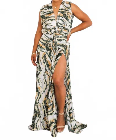 Surelymine Abstract Print Maxi Dress Plunge Wrap Front With Slit In Multi