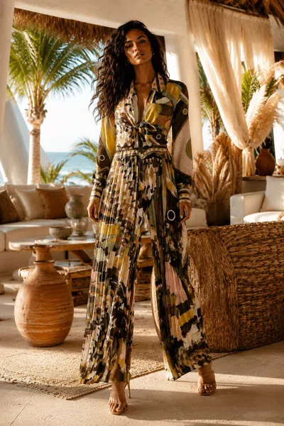 Surelymine Abstract Print Pleated Wide Leg Jumpsuit In Olive In Green
