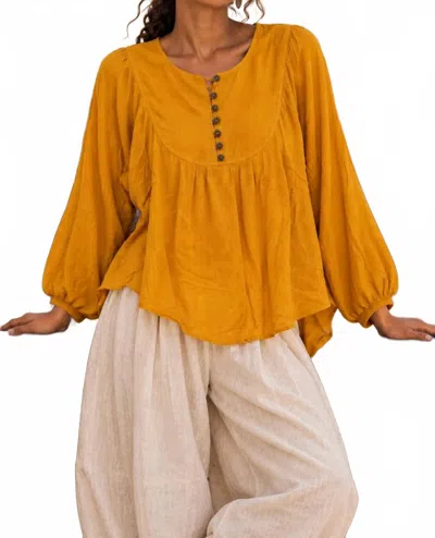 Surelymine Balloon Sleeve Boho Blouse In Mustard In Yellow