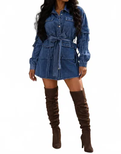 Surelymine Belted Denim Utility Shirt Mini Dress In Medium Wash In Blue