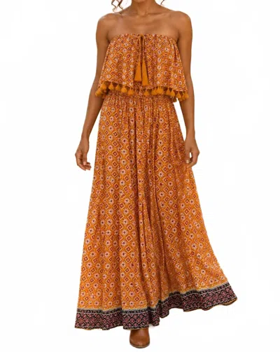 Surelymine Block Print Strapless Maxi Dress In Orange