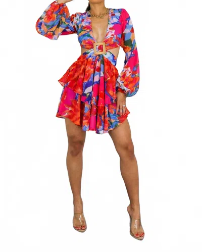 Surelymine Blooming Bubble Sleeves Cut Out Ruffle Mini Dress In Red In Multi