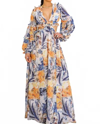 Surelymine Boho Floral Cutout Lace-up Maxi Dress In Cream In Multi