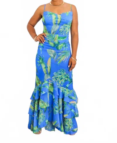 Surelymine Bold Leaf Print Maxi Dress With Ruffle Hem In Blue In Multi