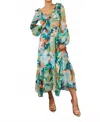 Surelymine Bubble Sleeves Floral Cut-out Ruffle Midi Dress In Multi In Blue