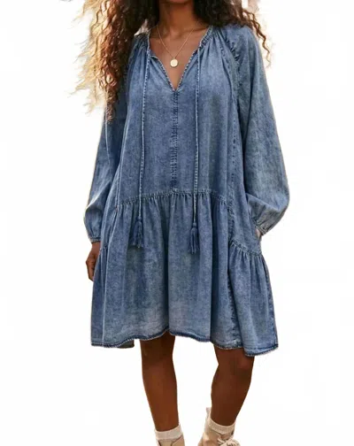 Surelymine Chambray Tiered Babydoll Dress In Blue