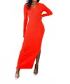 Surelymine Collar Ribbed Long Sleeves Maxi Dress In Red Orange In Orange