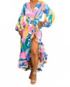Surelymine Color Splash Ruffle Wrap Maxi Dress With Balloon Sleeves In Multi In Multi