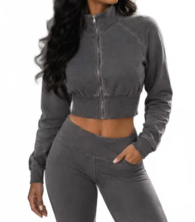 Surelymine Cropped Mock Neck Zip-up Jacket In Charcoal Gray In Grey