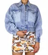 Surelymine Denim Jacket With Tweed Pockets And Cinched Waist In Blue In Blue