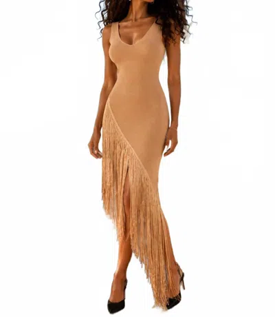 Surelymine Desert Mirage Fringe Midi Dress In Beige In Sand