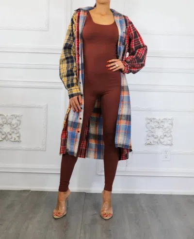 Surelymine Distressed Long Plaid Patches Shacket In Blue In Multi