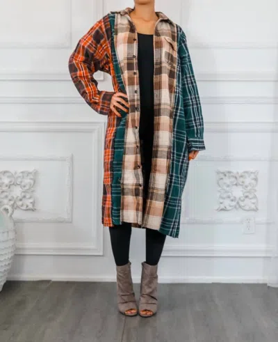 Surelymine Distressed Long Plaid Patches Shacket In Brown In Multi