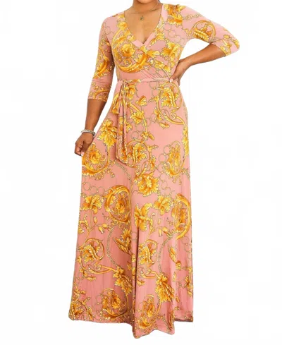 Surelymine Elegant Wrap Boho Maxi Dress In Blush Gold In Multi