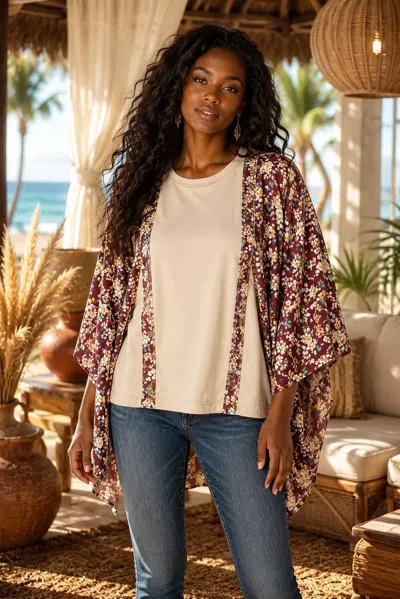 Surelymine Floral Kimono Sleeve Top In Burgundy In White
