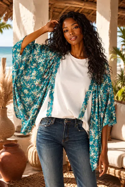 Surelymine Floral Kimono Sleeve Top In Green