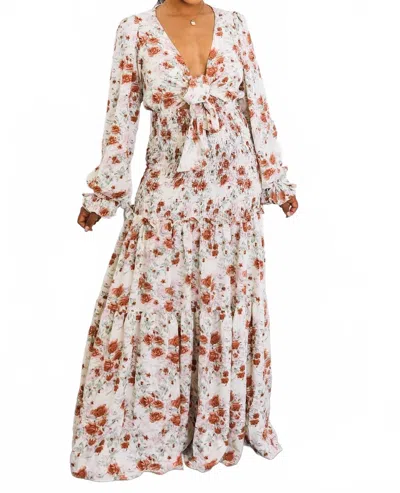 Surelymine Floral Tie-front Maxi Dress With Smocked Waist In Multi In White