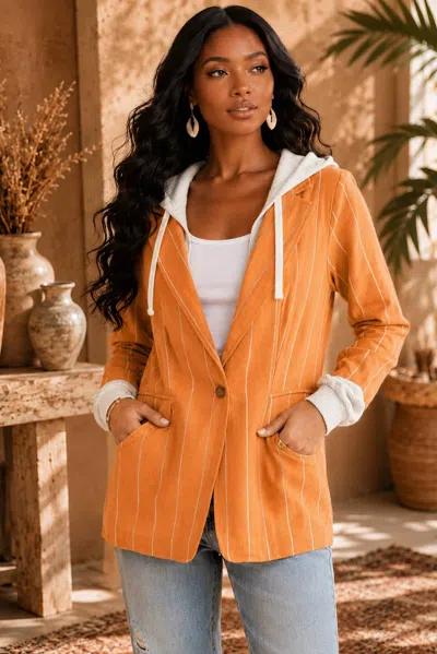Surelymine Golden Hour Striped Hooded Blazer Jacket In Orange