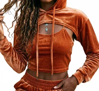 Surelymine Malibu Vintage Relaxed Velvet Cropped Hoodie Set In Rust In Orange