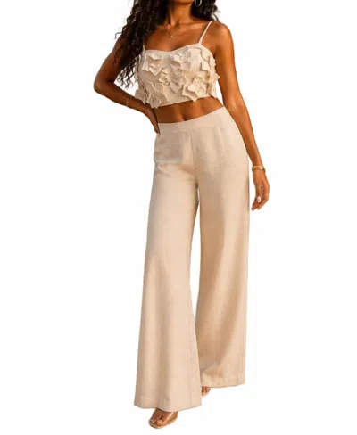 Surelymine Marbella Floral Appliqué Wide Leg Pant Set In Beige In Neutral