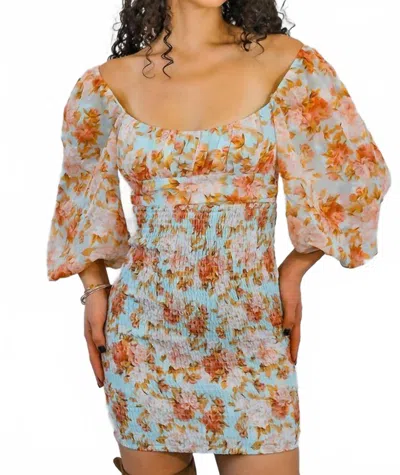 Surelymine Meaningful Dreams Floral Ruched Mini Dress In Blue/ Pink In Multi