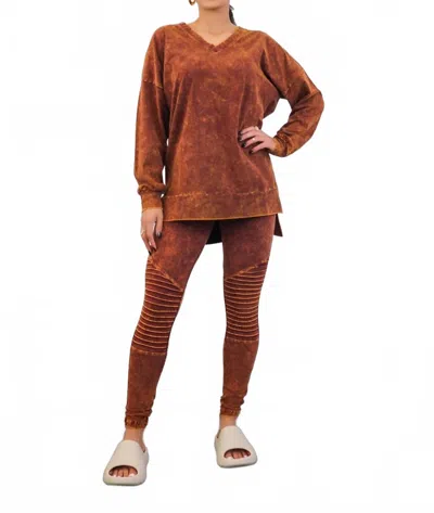 Surelymine Mineral Wash Long Sleeves Top And Motto Legging Set In Almond In Brown