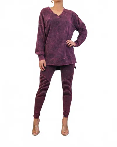Surelymine Mineral Wash Long Sleeves Top And Motto Legging Set In Purple