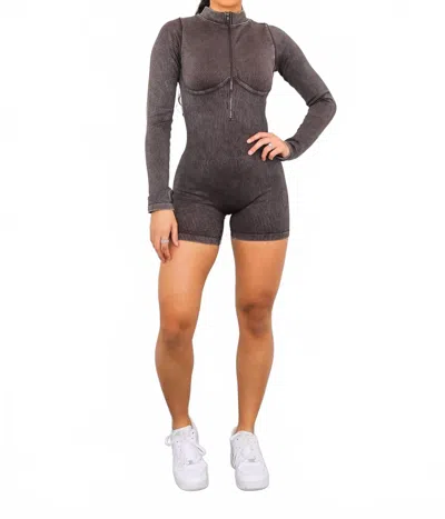 Surelymine Mineral Wash Seamless Mock Neck Romper In Brown In Black