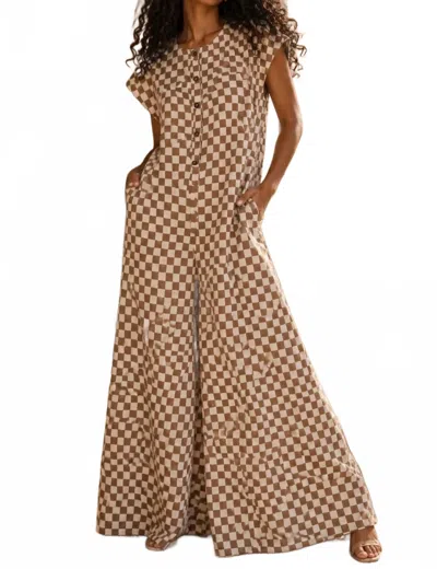 Surelymine Monaco Check Wide Leg Jumpsuit In Beige In Brown