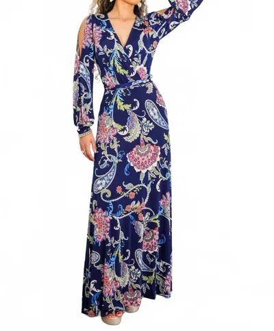 Surelymine Paisley Cutout Maxi Dress With Long Sleeves In Navy In Blue