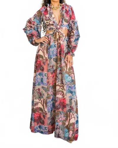 Surelymine Patchwork Floral Maxi Dress Plunge Ruffle Cutout Style In Multi