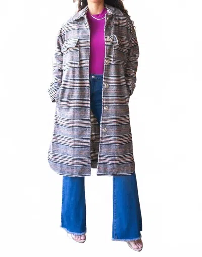 Surelymine Plaid Button Down Long Shacket In Grey In Gray