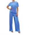 Surelymine Pleated Mock Neck Short Sleeves Pant Set In Blue In Blue