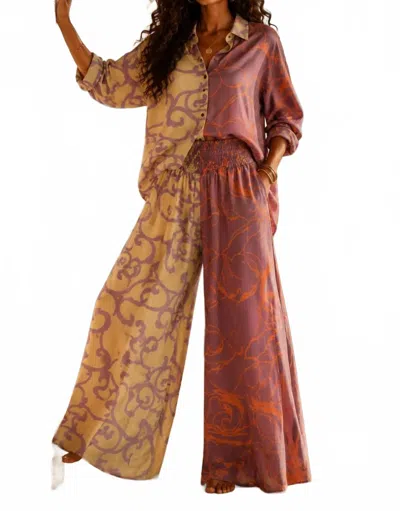 Surelymine Printed Satin Shirt & Wide Leg Pant Set In Pink