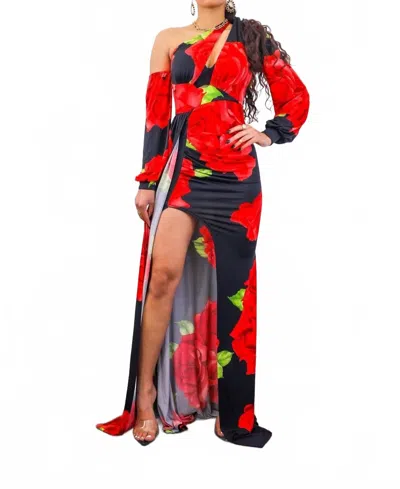 Surelymine Roses Are Red Asymmetrical Draped Floral Dress