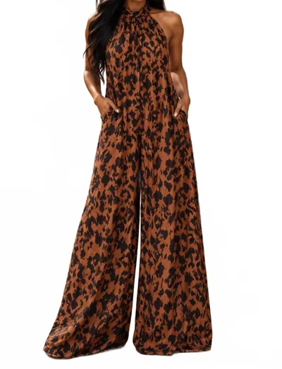 Surelymine Safari Luxe Halter Jumpsuit In Rust Animal Print In Multi