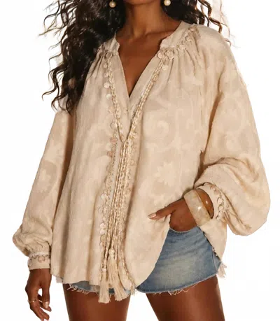 Surelymine Seaside Pearl Embellished Boho Blouse In Beige