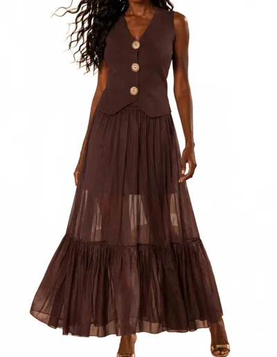 Surelymine Sheer Maxi Skirt & Knit Vest Two-piece Set In Brown