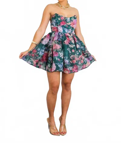 Surelymine Strapless Fit Flare Mini Dress In Emerald Floral In Multi