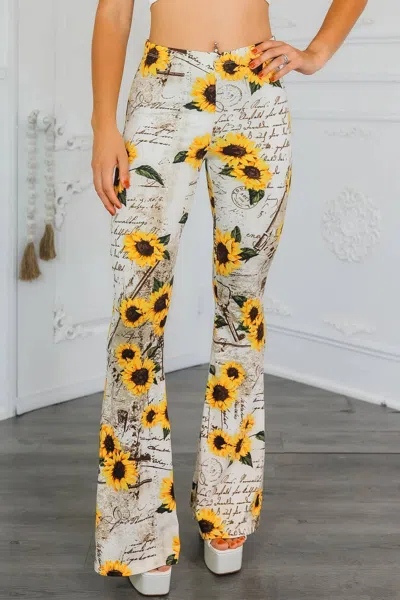 Surelymine Sunflower Love Letter Buttery Soft Bell Bottom Pant In Multi In Gray