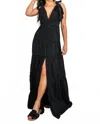 Surelymine Tiered Maxi Dress Tie Shoulder Button Front Slit In Black In Black